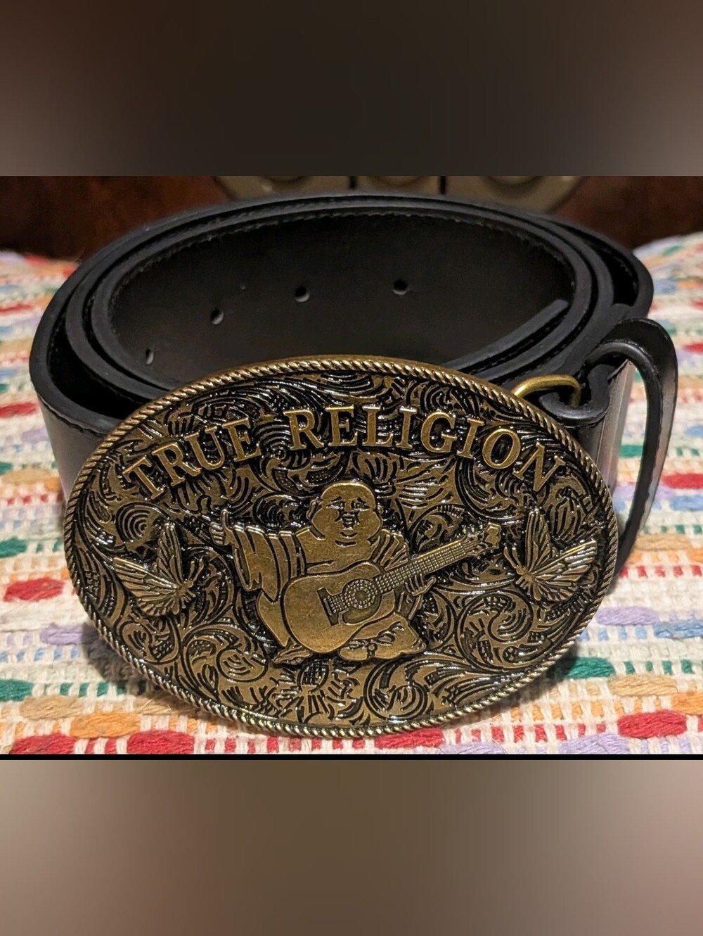 NWOT True Religion Buddha Guitar Brass Oval Buckle Black Belt 33"-39" Waist